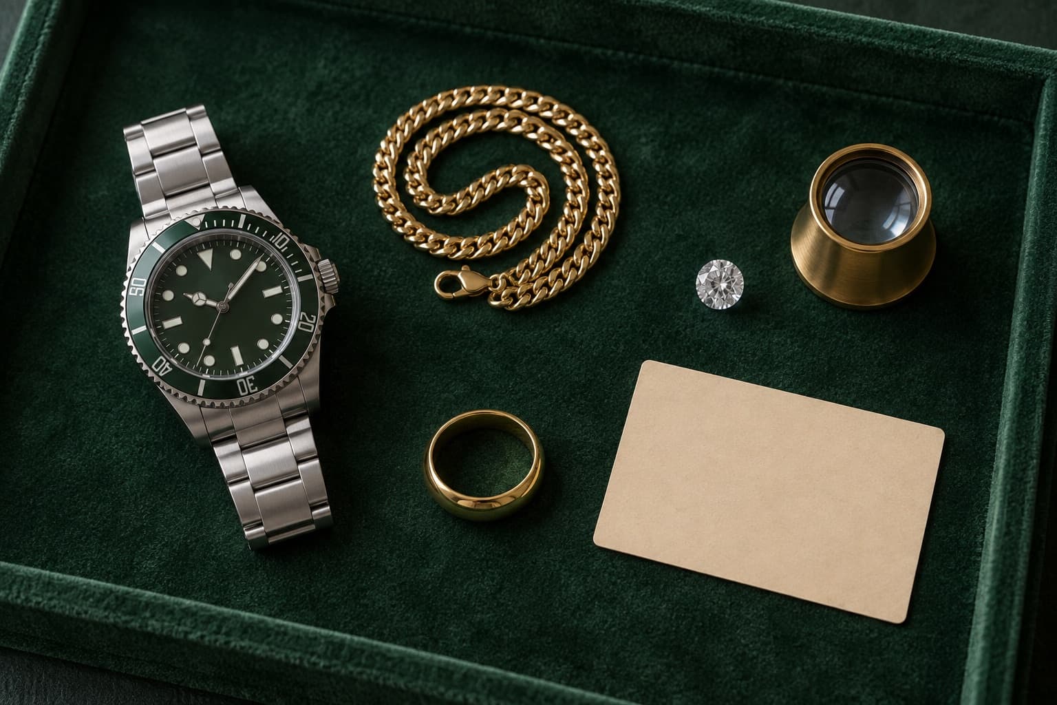 A watch, gold chain, loose diamond, ring and blank appraisal card on a green velvet tray